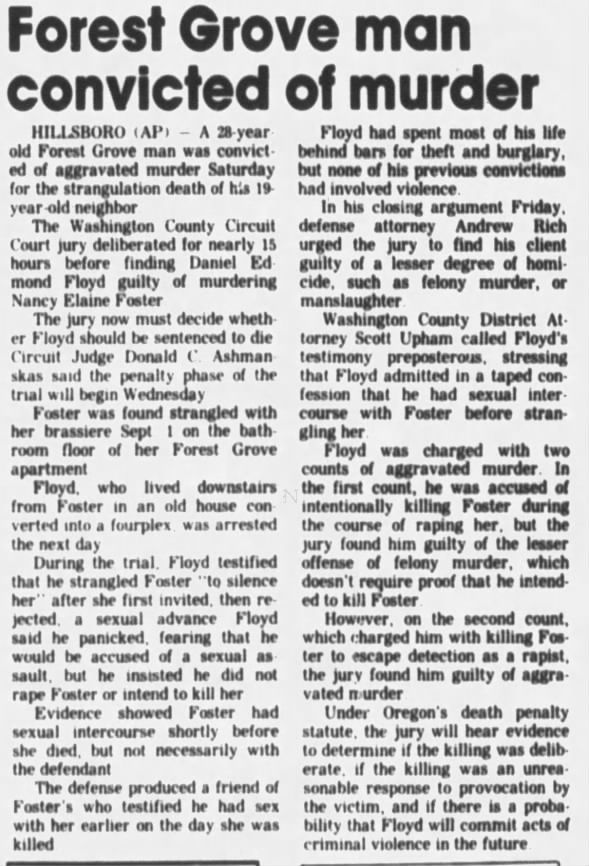 Corvallis Gazette-Times (Corvallis, OR)--29 Mar 1987--pg9--Nancy Elaine Foster--MURDERER CONVICTED